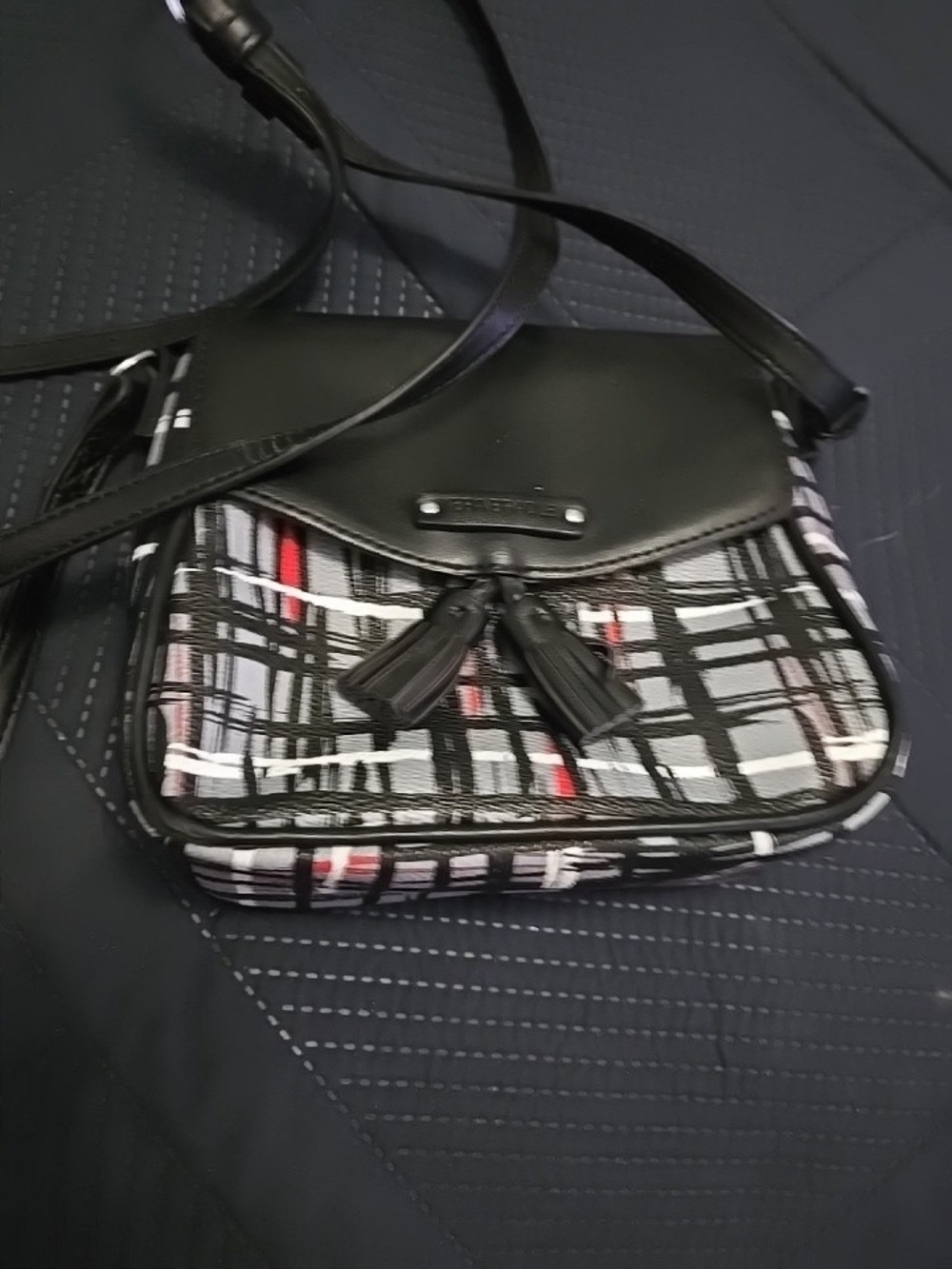 Vera BradleybBlack & White Plaid Crossbody Bag with Red Accent